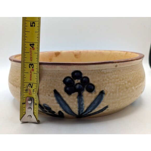 Artisan Stoneware Pottery Centerpiece Serving Bowl Blue Flowers Tan Salt Glaze - Picture 3 of 8